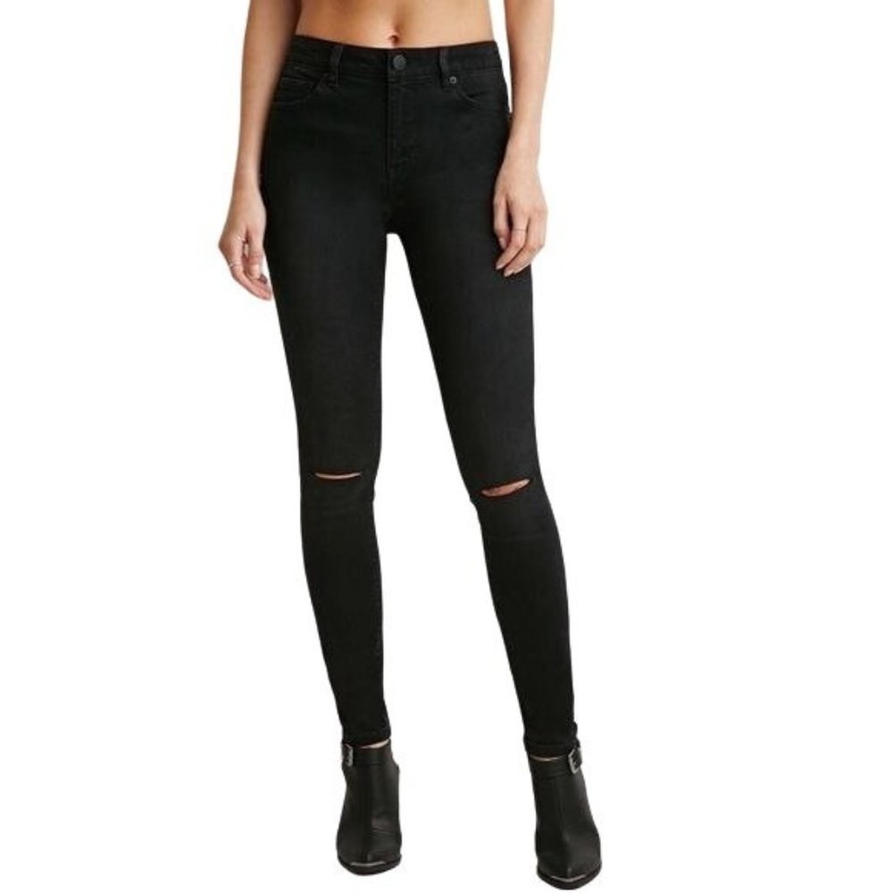 Life in Progress Anthropologie Black Jeans Size 28 Ripped Knees Cotton Stretch